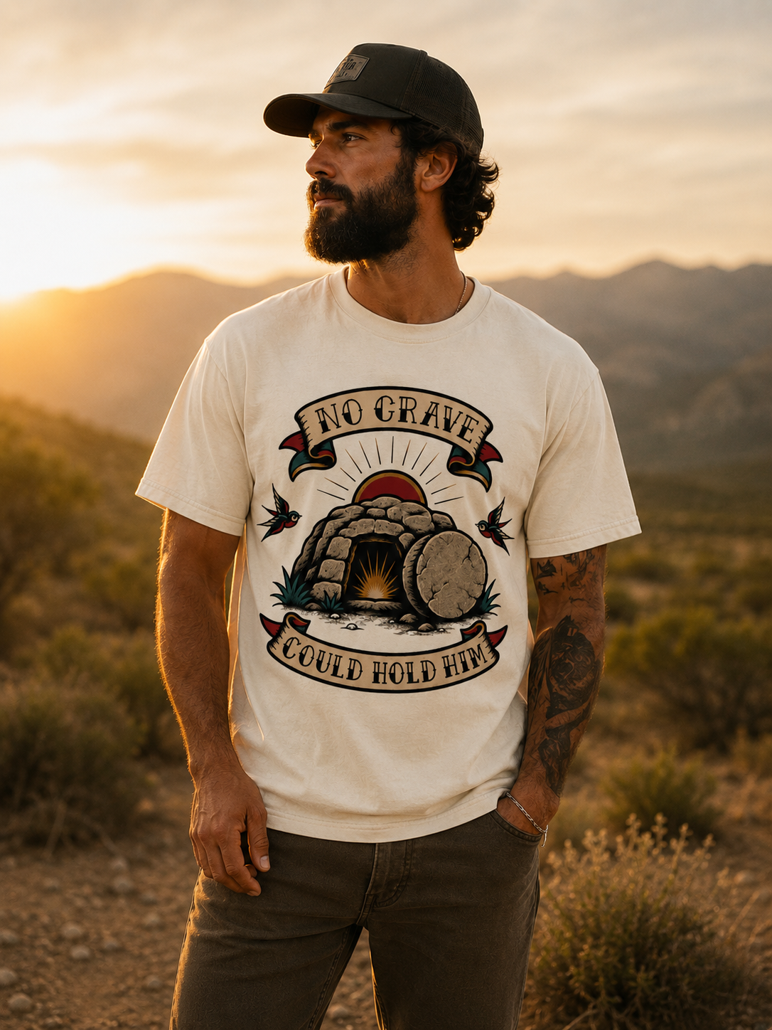 No Grave Could Hold Him Tee — Christian Tattoo Shirt