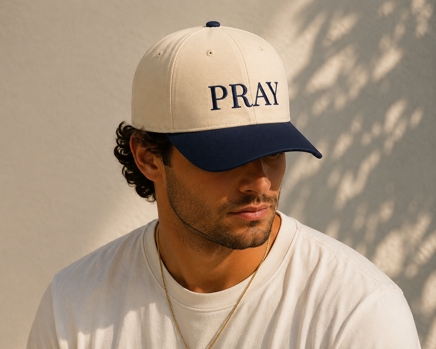 PRAY Embroidered Hat Navy/Neutral — Christian Mid Profile Baseball Cap | Loud About God