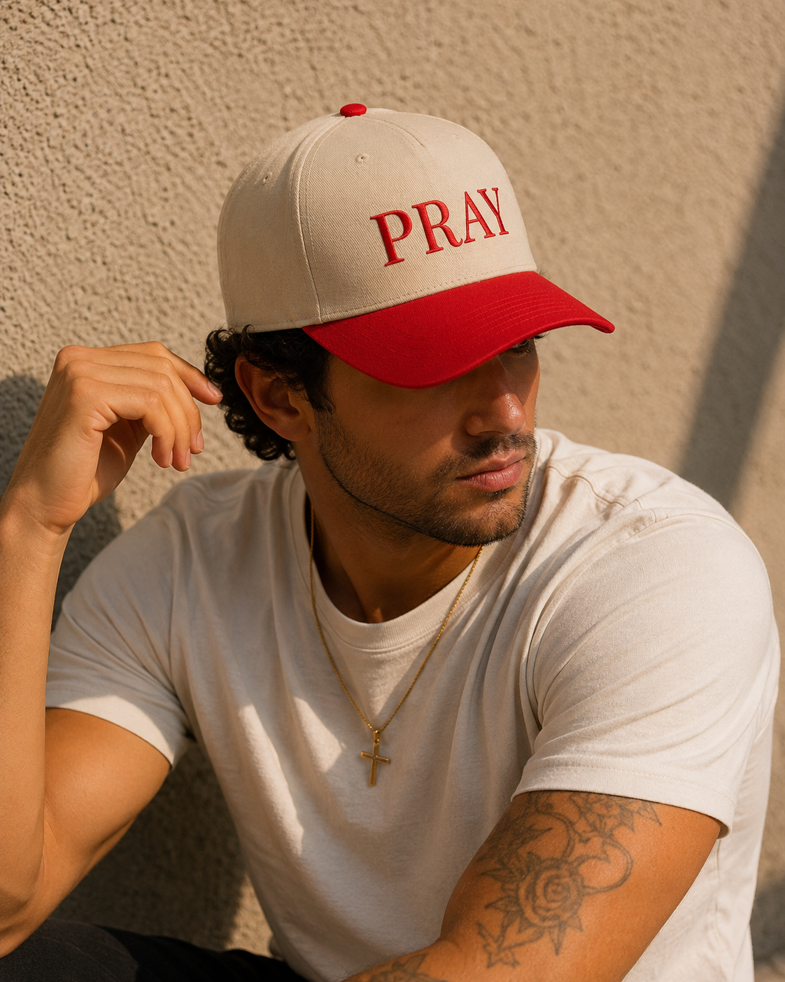 PRAY Embroidered Hat Red/Neutral — Christian Mid Profile Baseball Cap | Loud About God