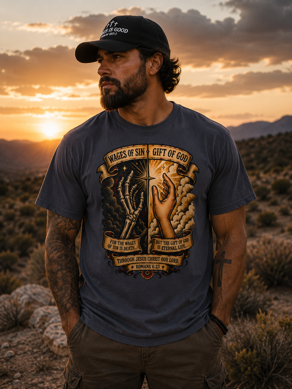 Wages of Sin, Gift of God Tee — Christian Tattoo Shirt