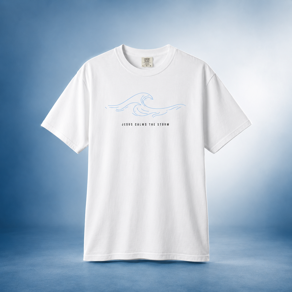 Jesus Calms the Storm Tee — Minimalist Wave Graphic Comfort Colors T-Shirt