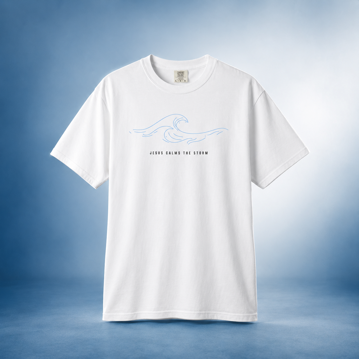 Jesus Calms the Storm Tee — Minimalist Wave Graphic Comfort Colors T-Shirt