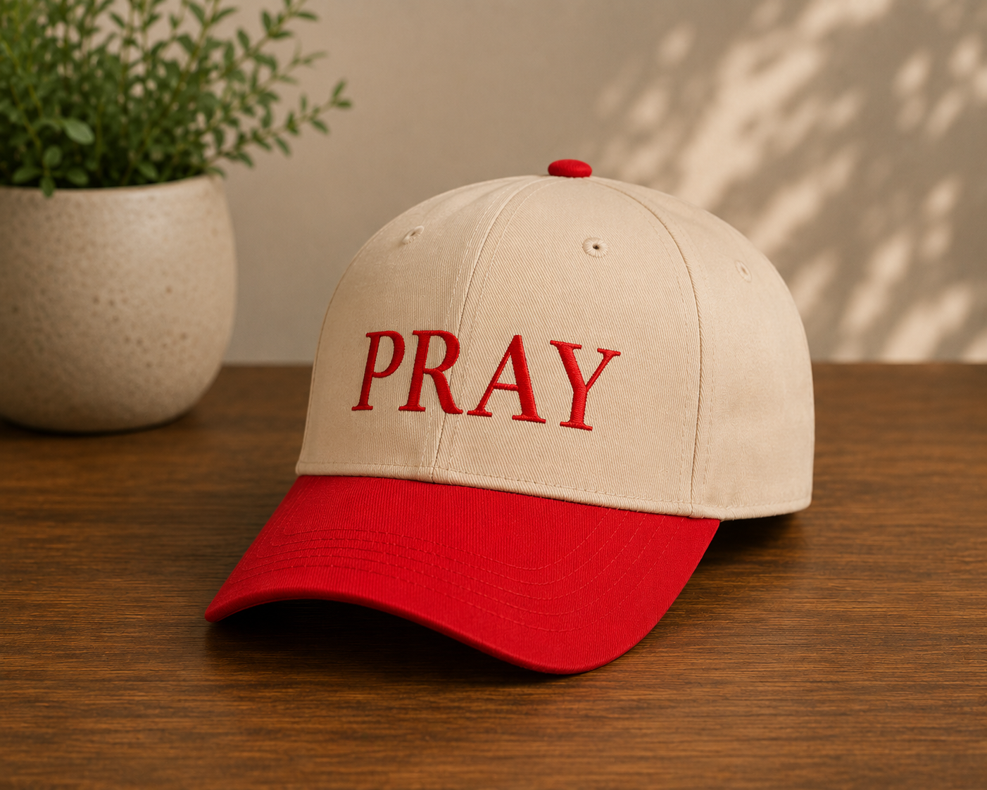 PRAY Embroidered Hat Red/Neutral — Christian Mid Profile Baseball Cap | Loud About God